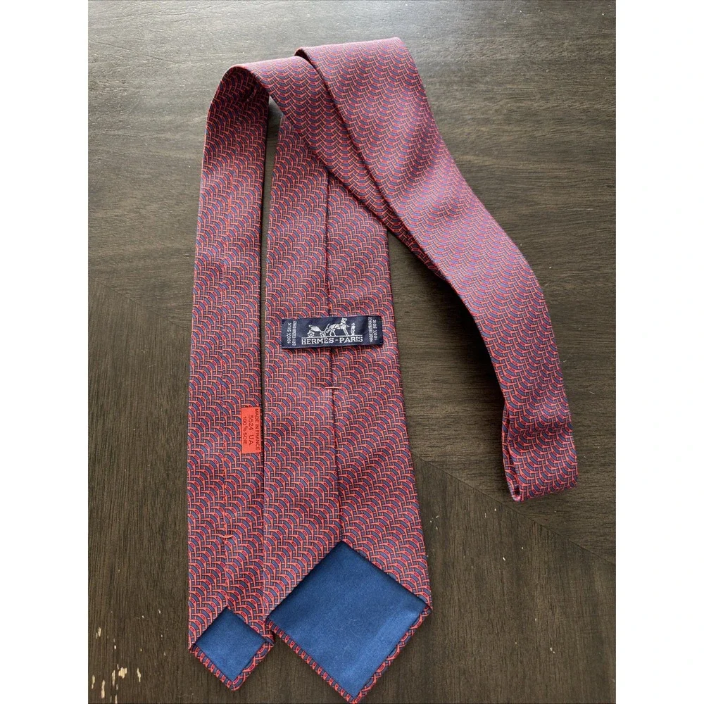 Hermès Blue Orange Geometric 100% Silk Men's Designer Woven Tie Logo Accent